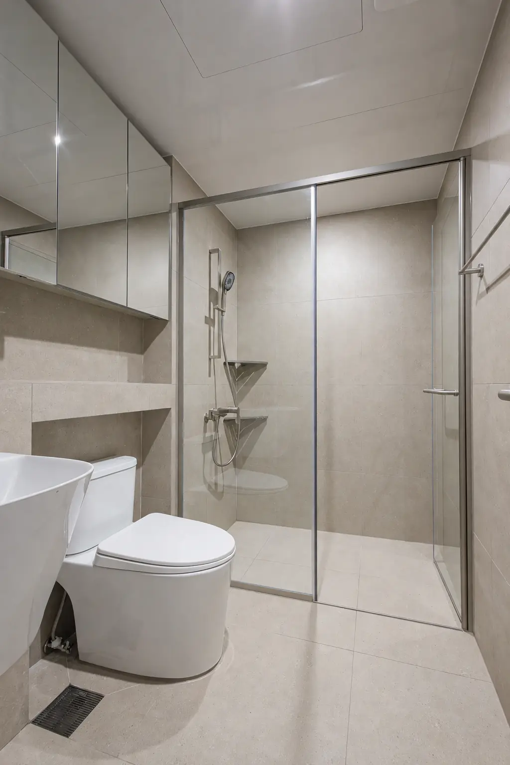 Shower room with mirrored upper cabinet doors; digitally visualized finish