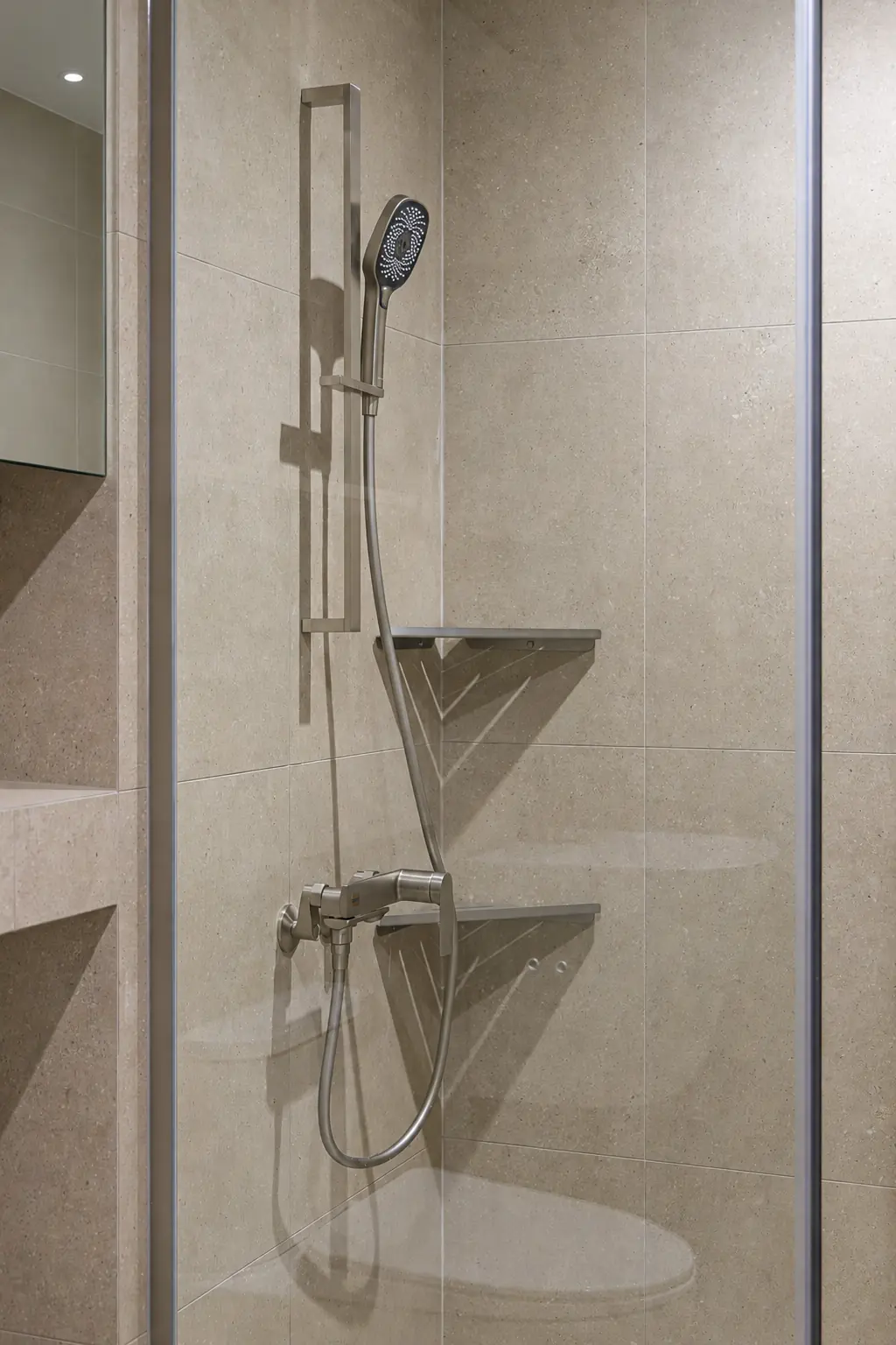 Shower enclosure with matching mirrored cabinet edge; digitally visualized finish