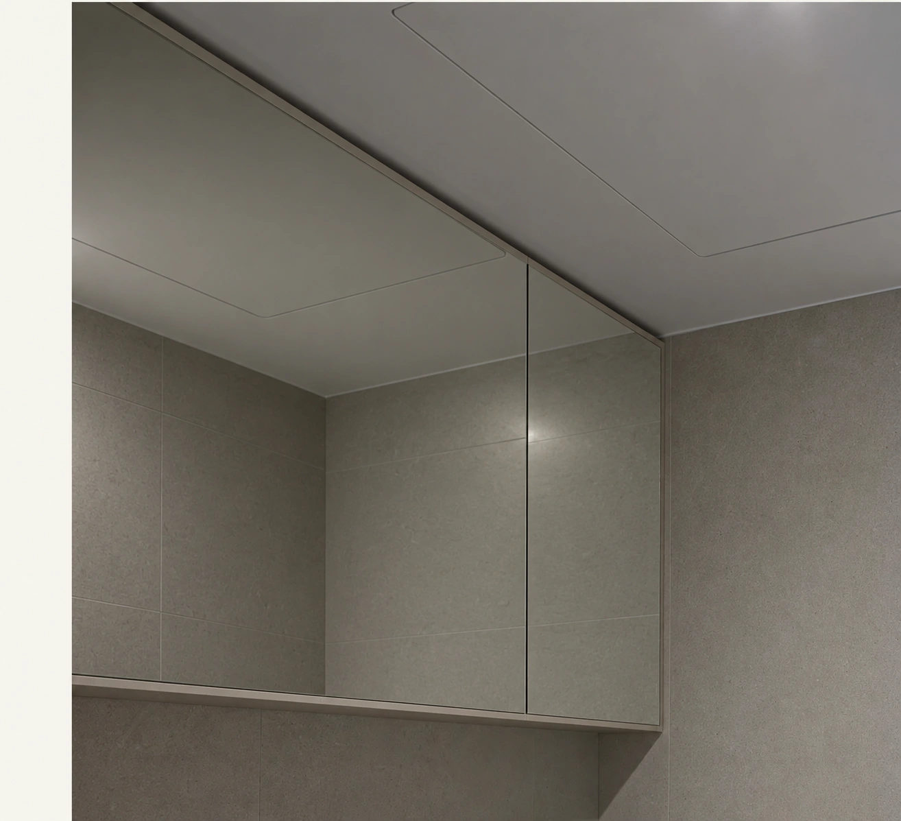 Bathroom upper cabinet with two mirrored door panels; digitally visualized finish