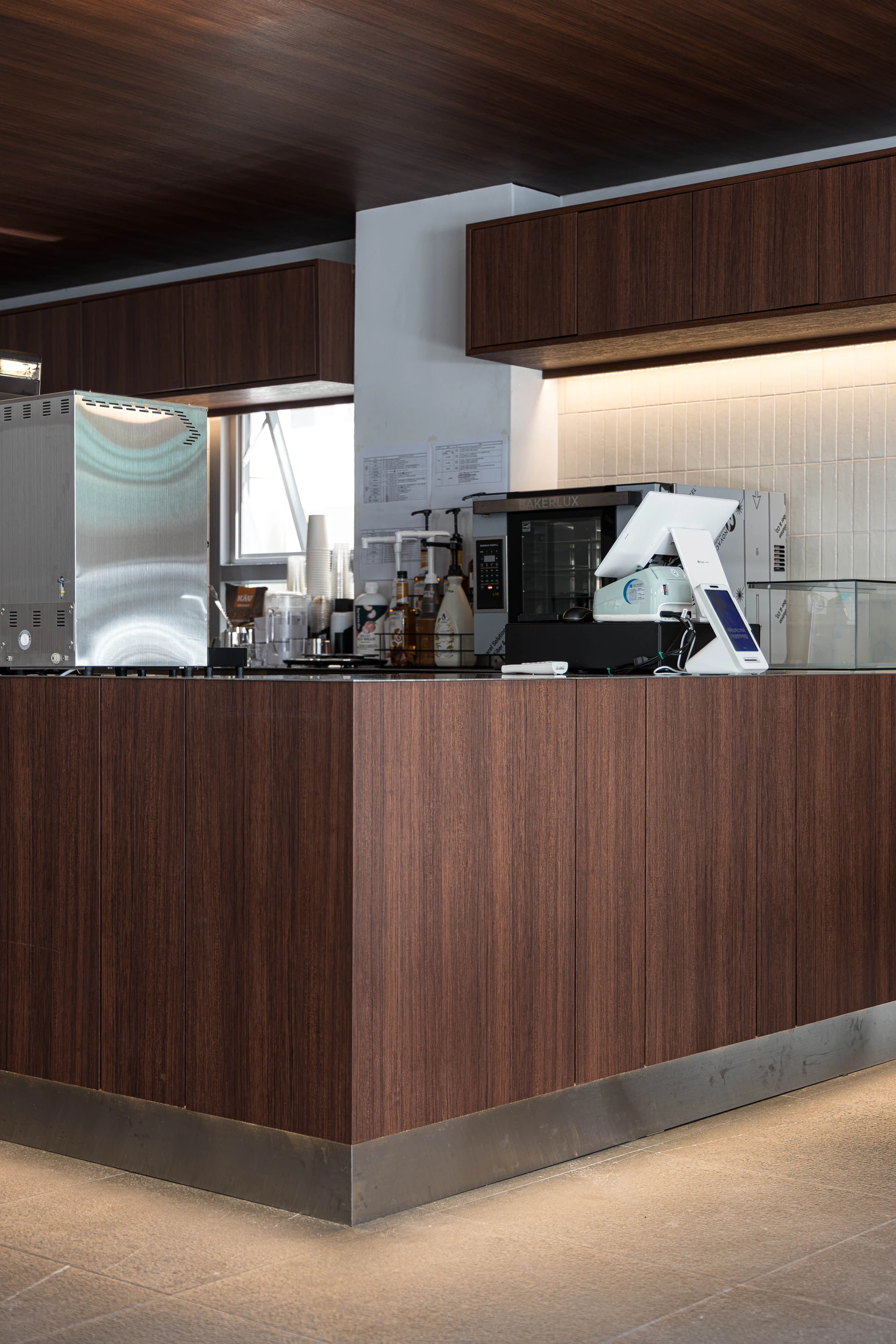 Timber cafe counter and stainless-steel worktop