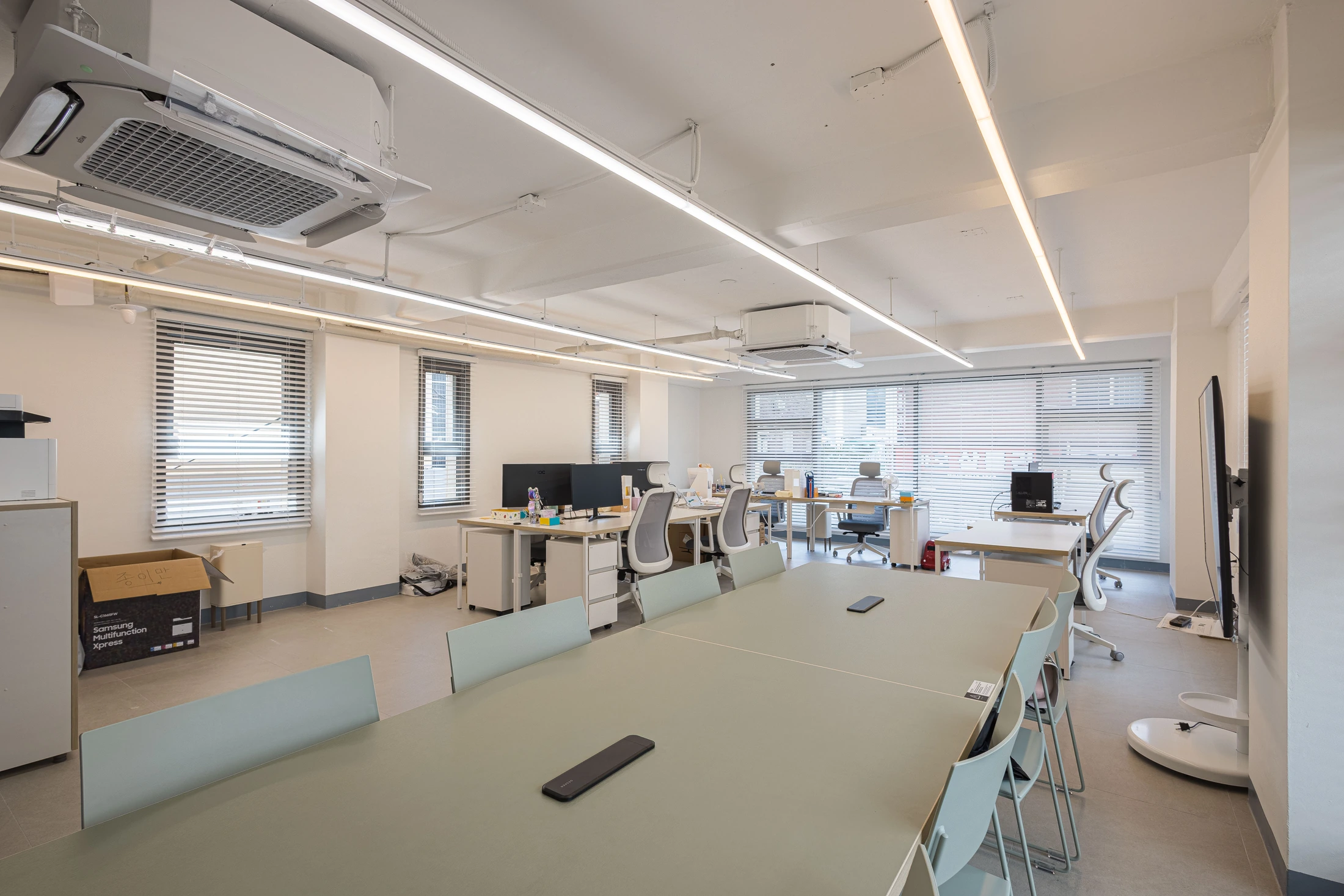 Shared meeting table and workstations