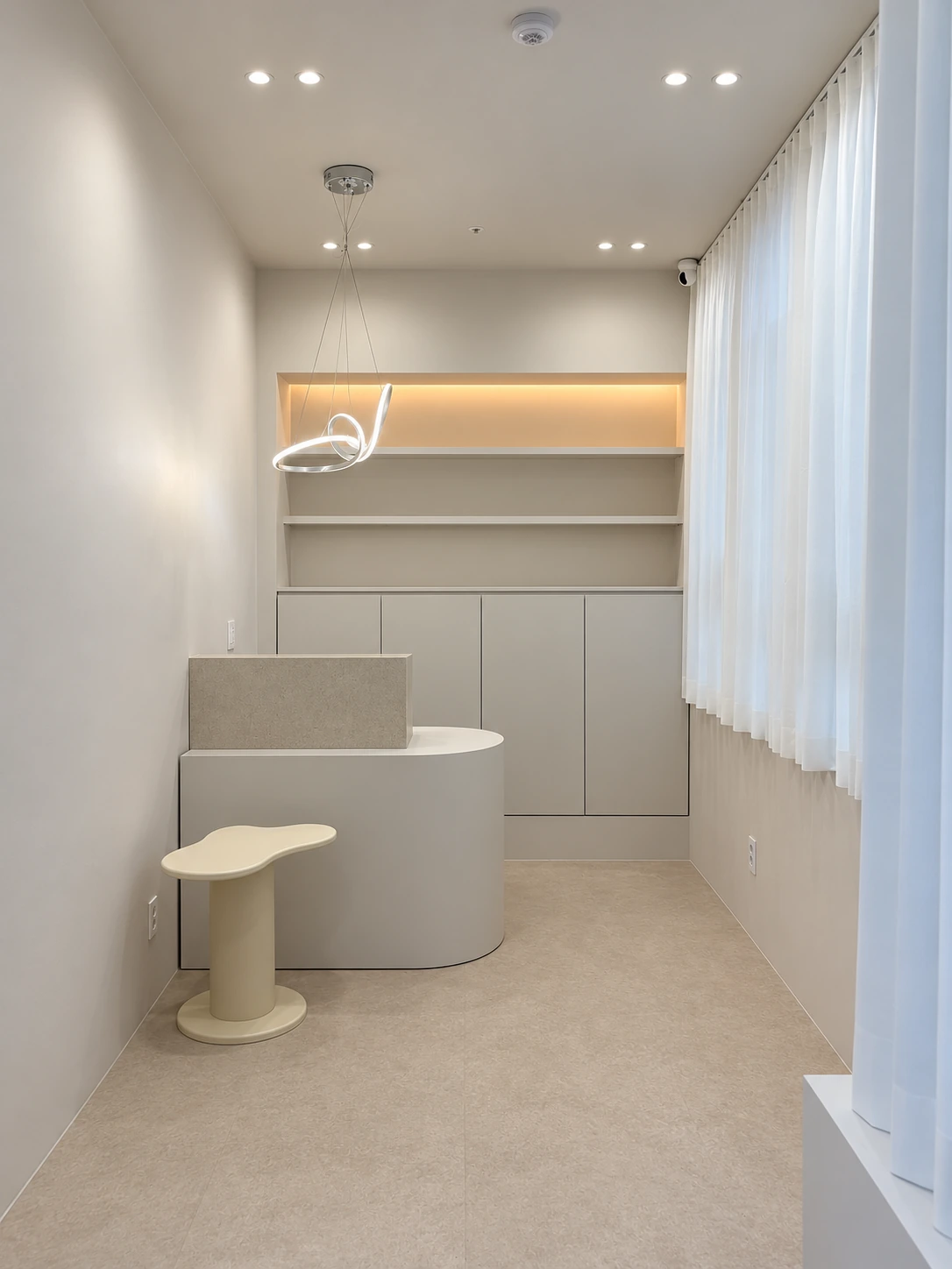 Completed reception counter, rear display wall and curtained window