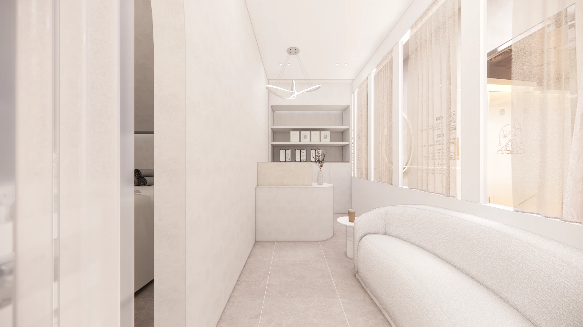 Entrance passage and curved bench — design visualisation