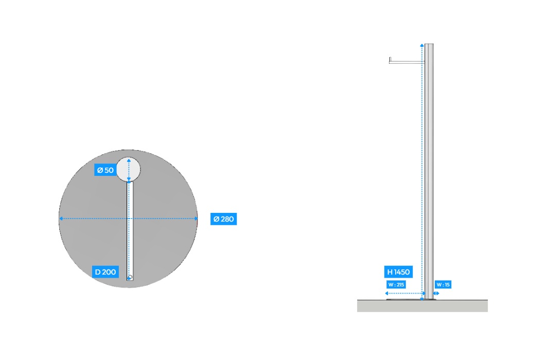 Brand Market furniture detail drawing — circular base and stand elevation
