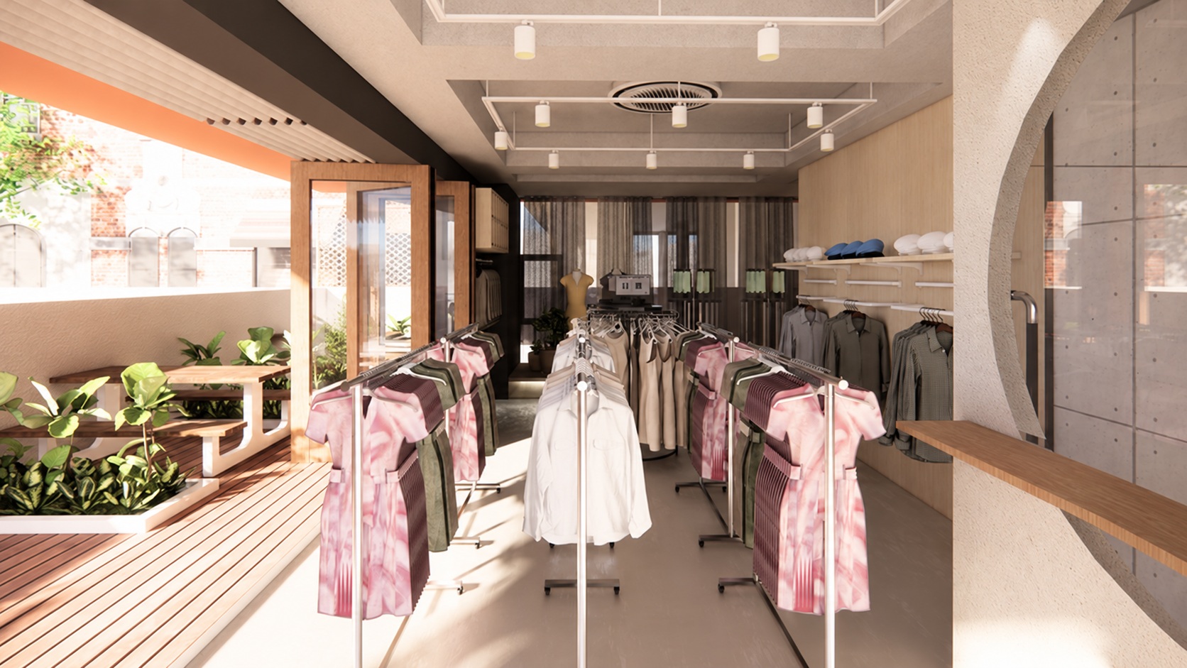 Brand Market 3D design proposal — first-floor retail interior and window seating