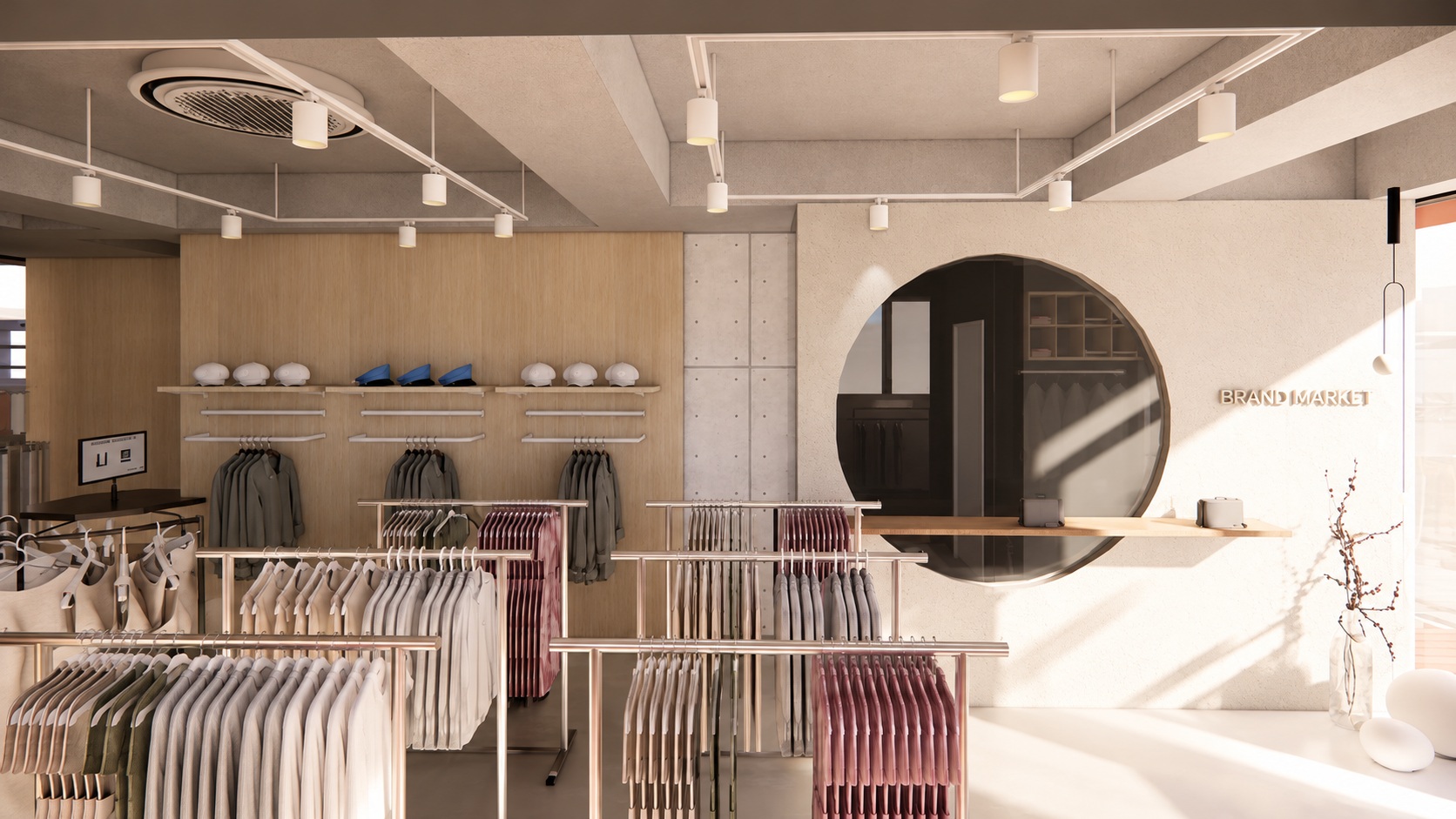 Brand Market 3D design proposal — circular opening and timber display wall